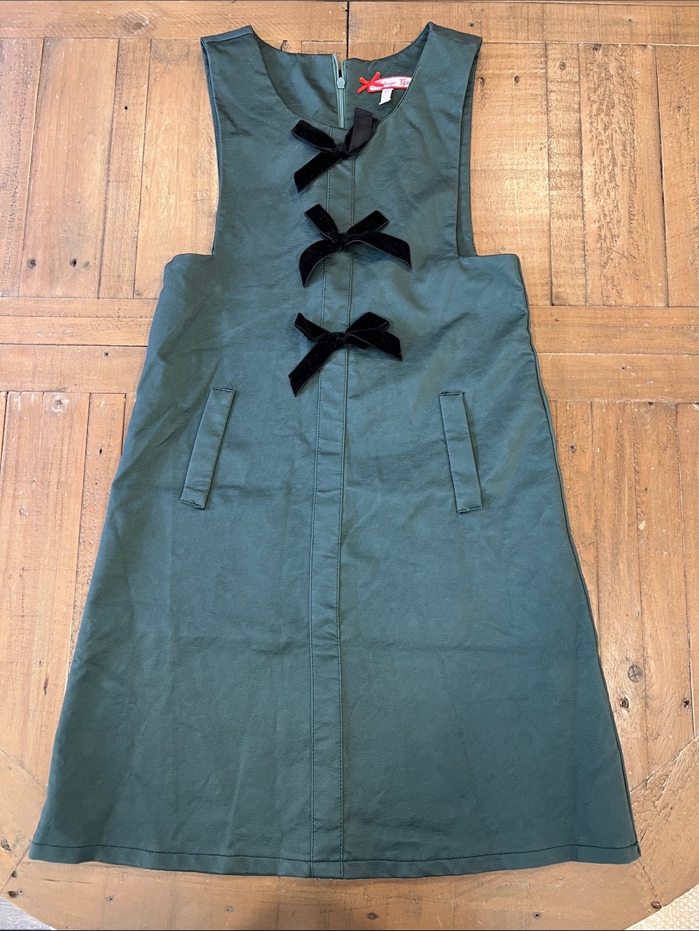 Melange girl faux leather velvet bow pinafore dress girls 12 green black